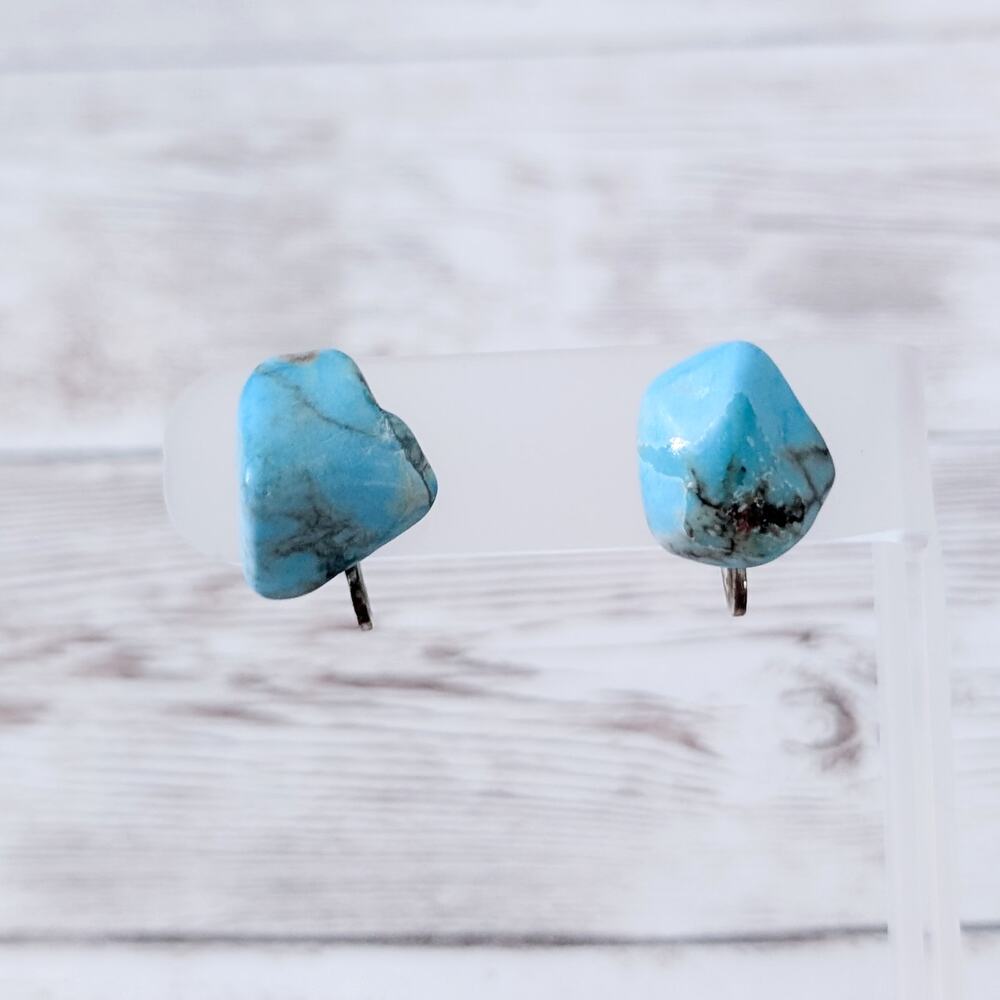 Vintage Screw On Earrings Faux? Turquoise Chunks - Fair Condition